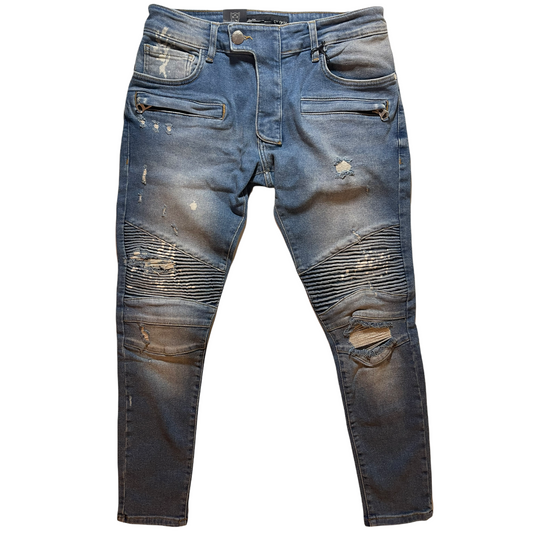Blue Biker Patches Paint Splatter Jeans