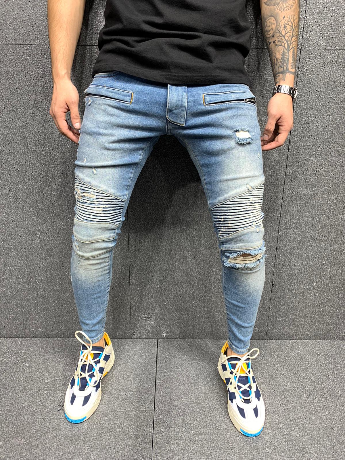 Blue Biker Patches Paint Splatter Jeans